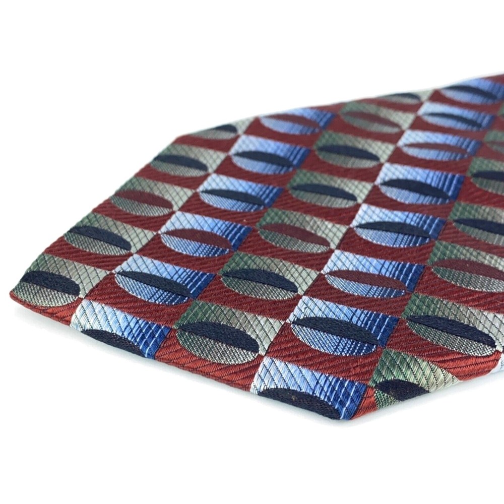 Jhane Barnes Men's Tie 100% Silk Auburn Red w/ Green Blue Geometric Necktie 60" - Picture 3 of 11